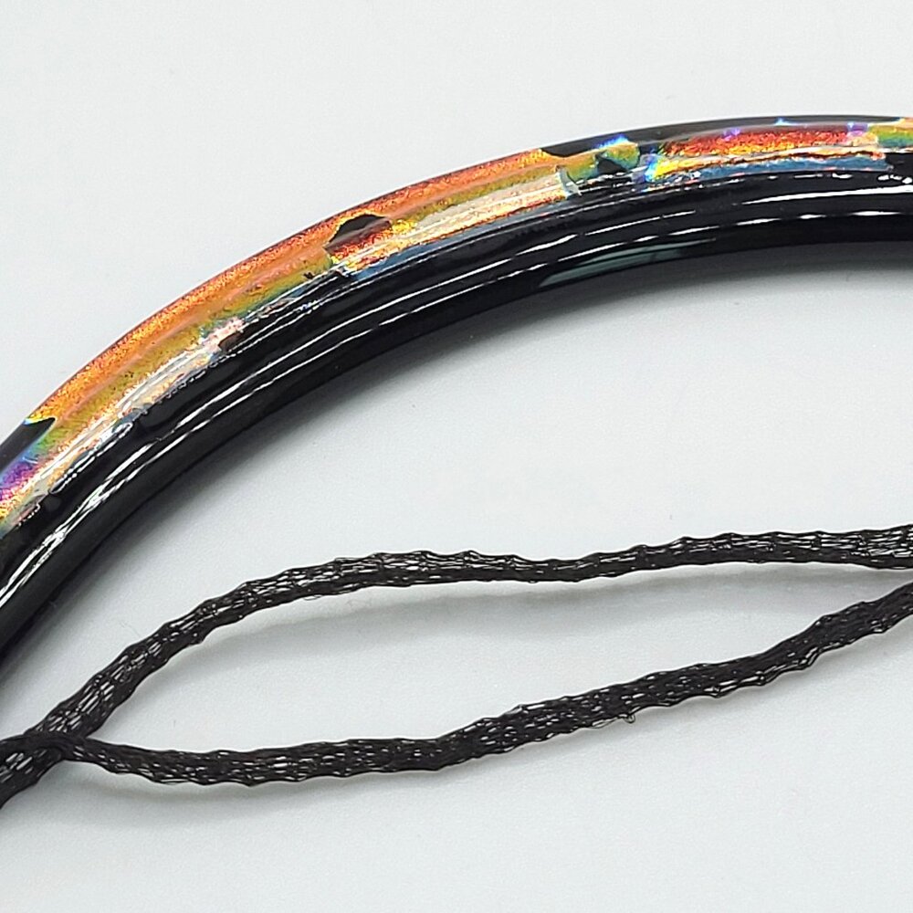 Curved Dichroic Fused Glass Pendant Gauze Double Strand Necklace 17" Signed TB - Picture 10 of 12